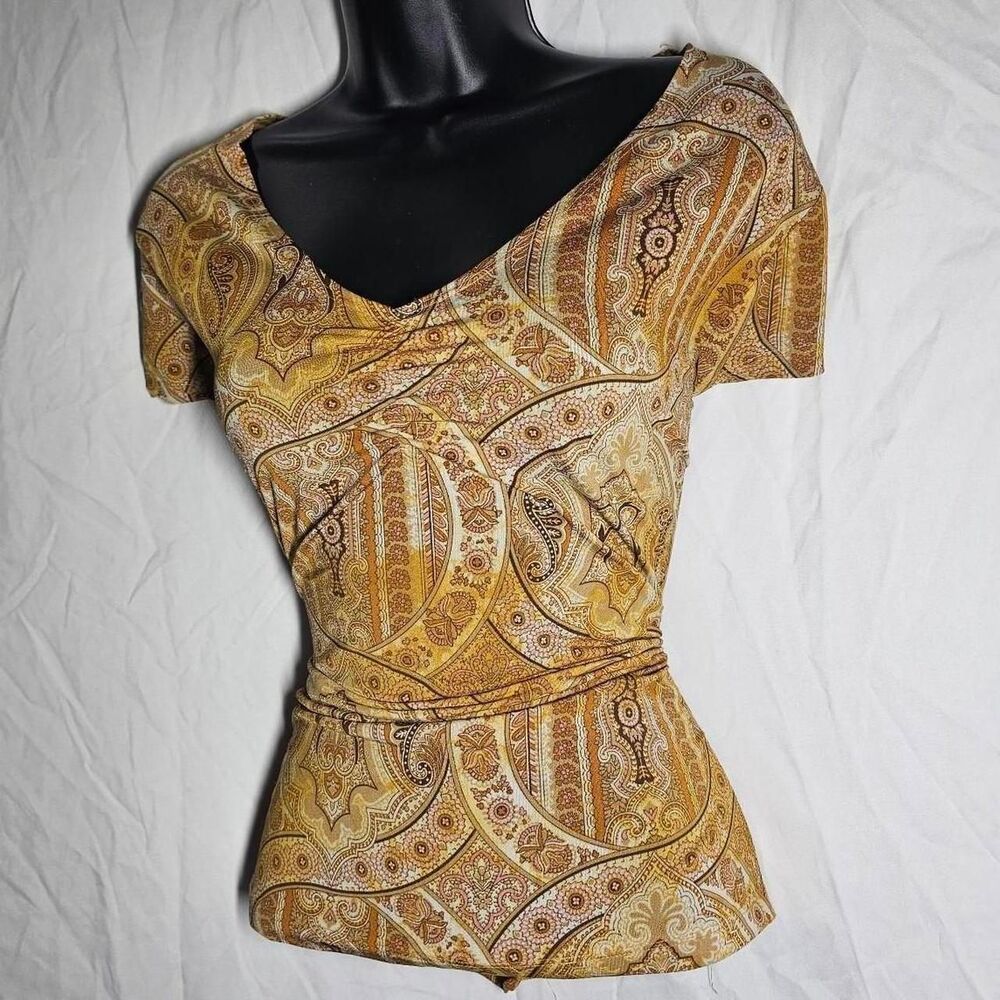 Vintage y2k orange boho patterned whimsigoth v neck blouse